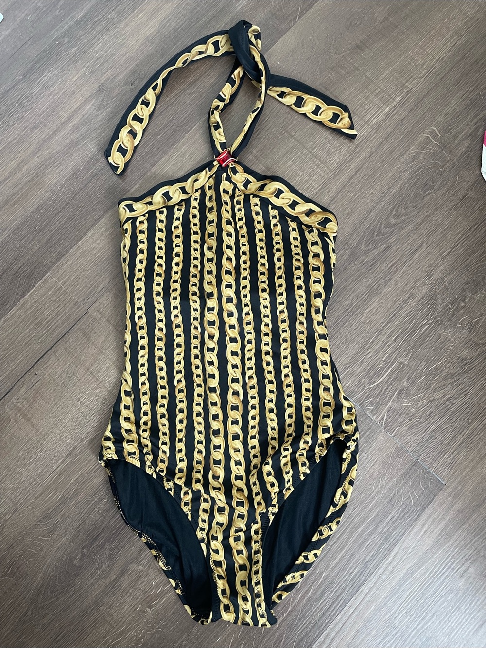 90s Vintage Gottex Black Gold Chain Print Halter One Piece Swimsuit Womens Small